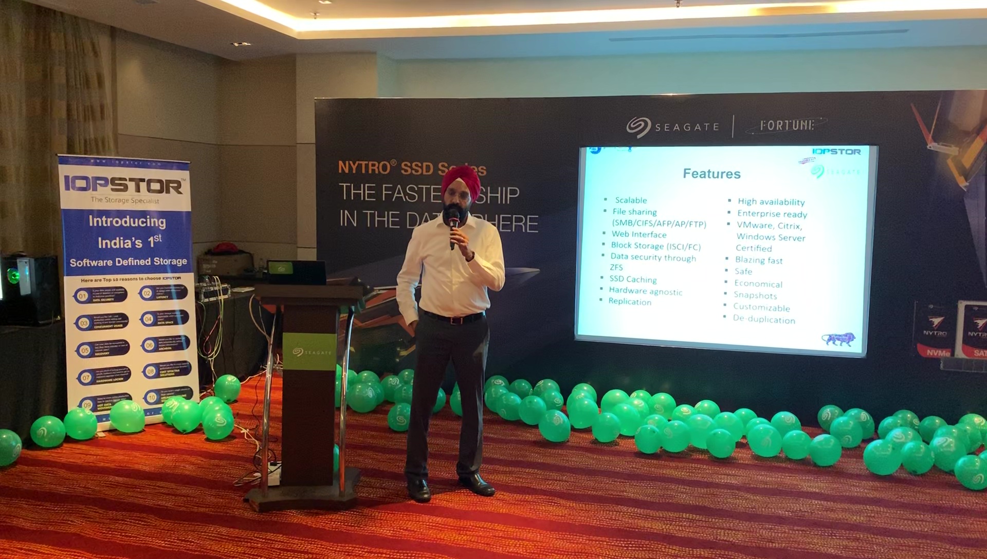IOPSTOR's talk at the Seagate Nytro SSD event, December 2018, with the IOPSTOR banner beside the stage